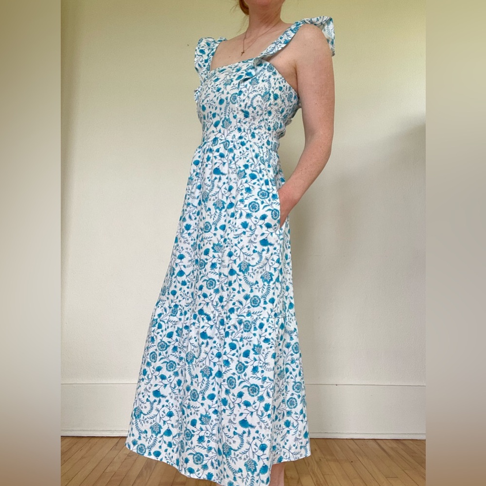 100% cotton ruffle Sleeveless Blue Floral Maxi Dress